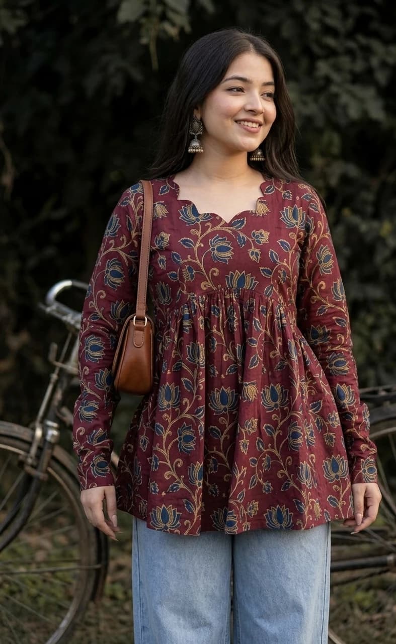 Print Cotton Blend Flared Kurta for Wom