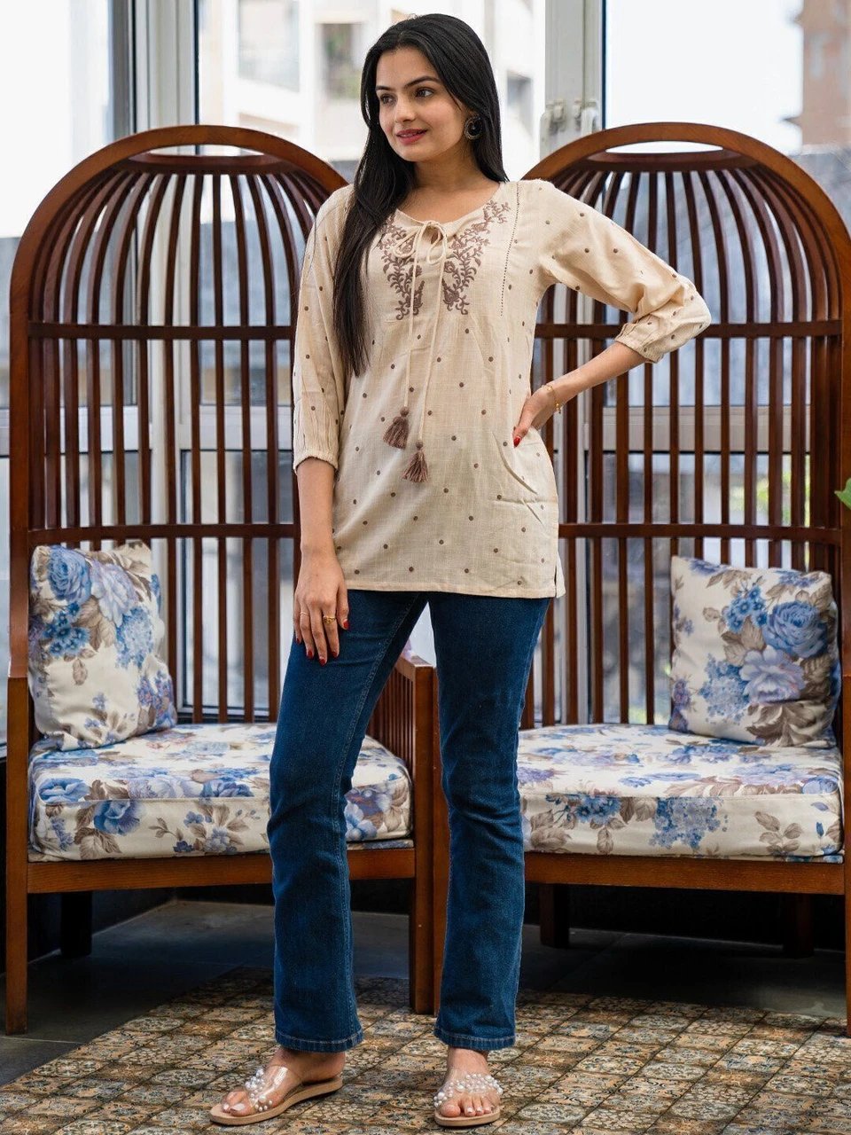 Floral Print Cotton Blend Straight Kurta for Women - view 5